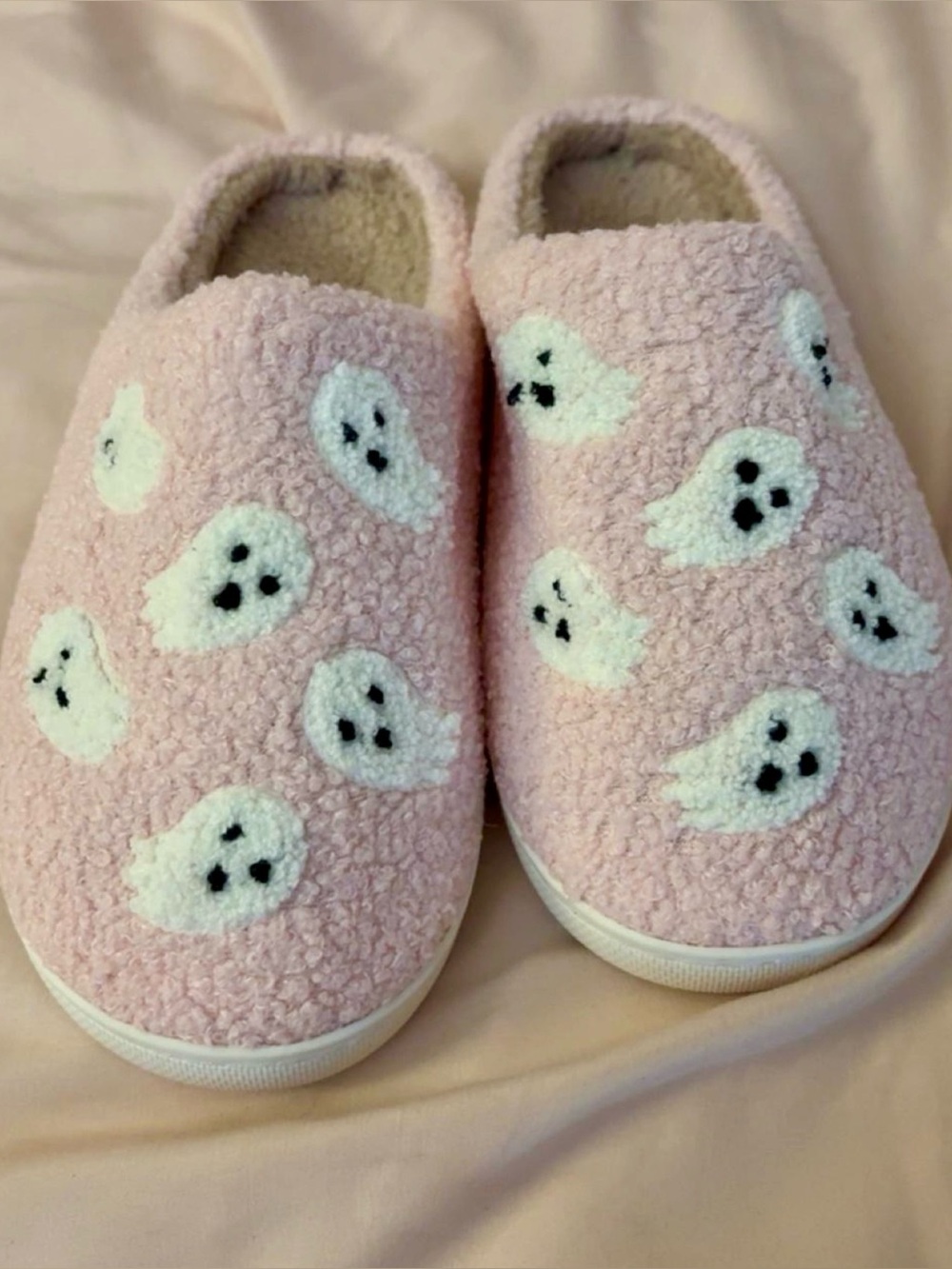 Kids Pink Fuzzy Slip-On Shoes with White Ghosts